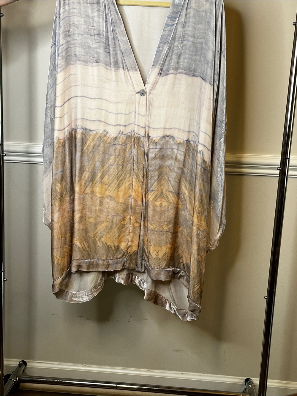 Johnny Was Velvet V-Neck Button Front Tunic in Gray and Tan with Gold Accents